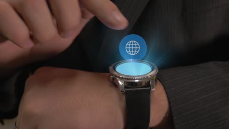 a man checks an app on futuristic hologram projection smartwatch