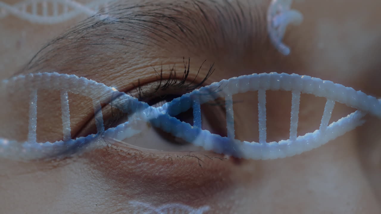 Animating DNA strand over close-up of human eye, highlighting genetic connection