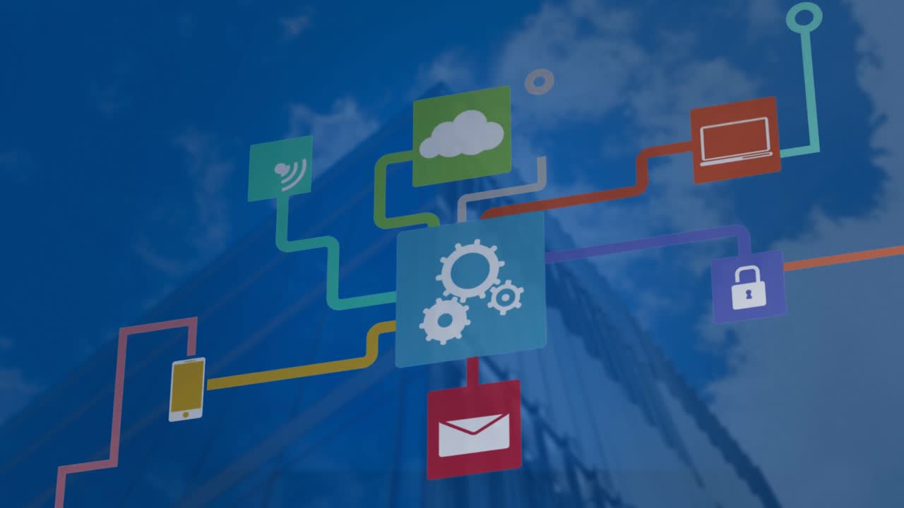 animación de una red de iconos digitales sobre edificios altos contra las nubes en el cielo.