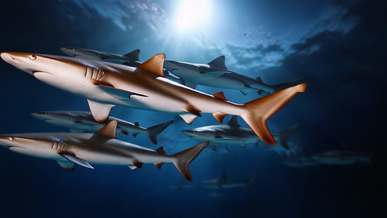 A captivating underwater scene showcasing a school of sharks gracefully swimming through deep blue waters, illuminated by radiant beams of sunlight from above.