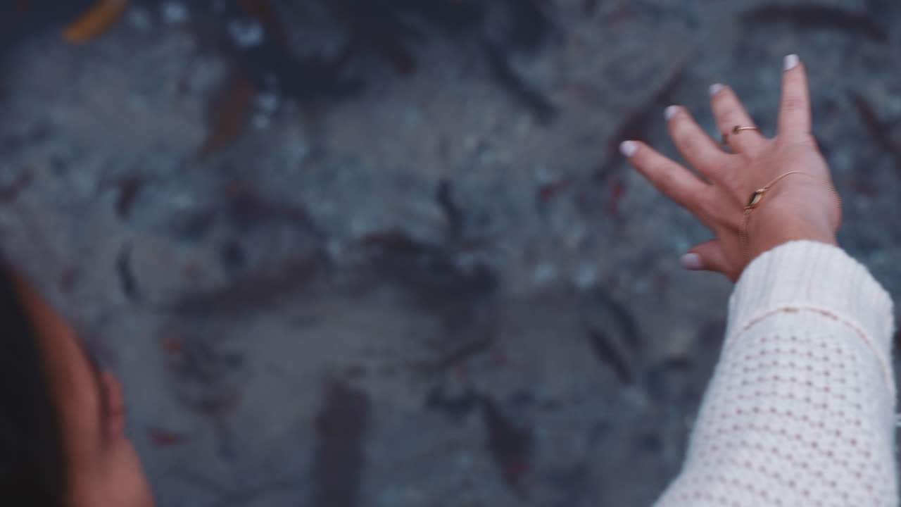 해변에 있는 바 ⁇ 물 위에 손을 흔들고 있는 여자