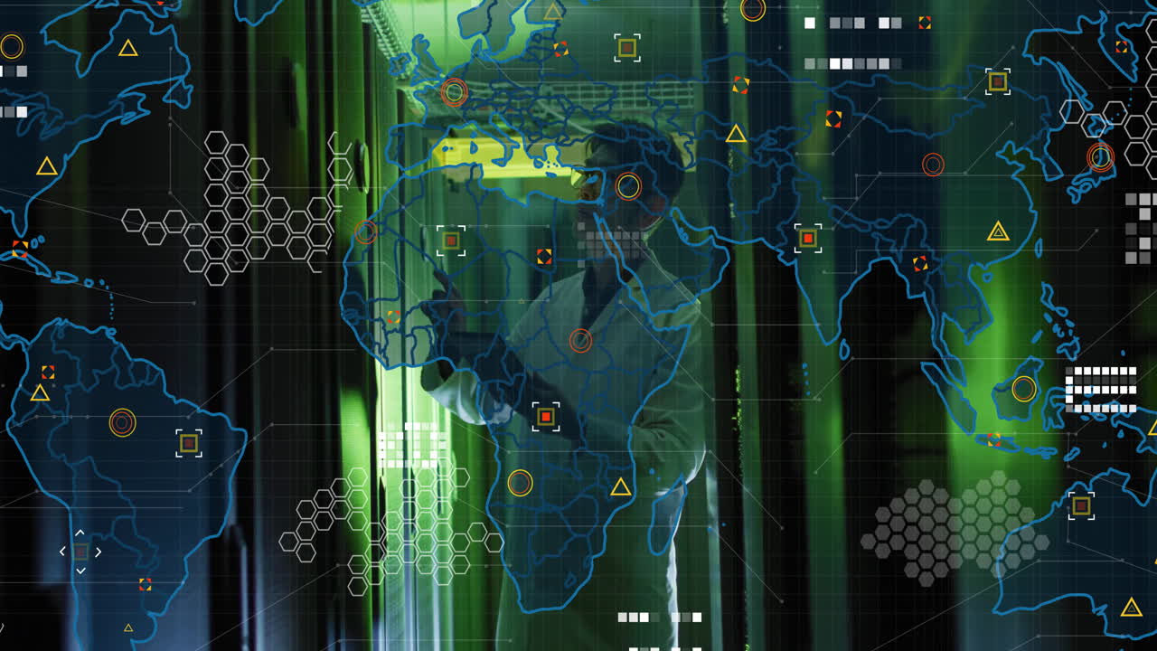 Interacting with digital world map, person using technology for data processing