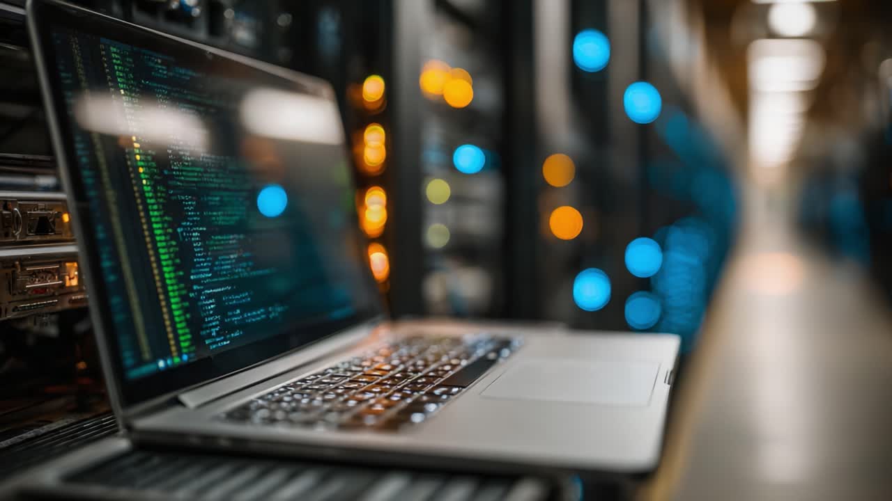 A Glimpse into the World of Data Processing: An Open Laptop Surrounded by Server Racks with Colorful Indicator Lights, Showcasing Lines of Code on the Screen