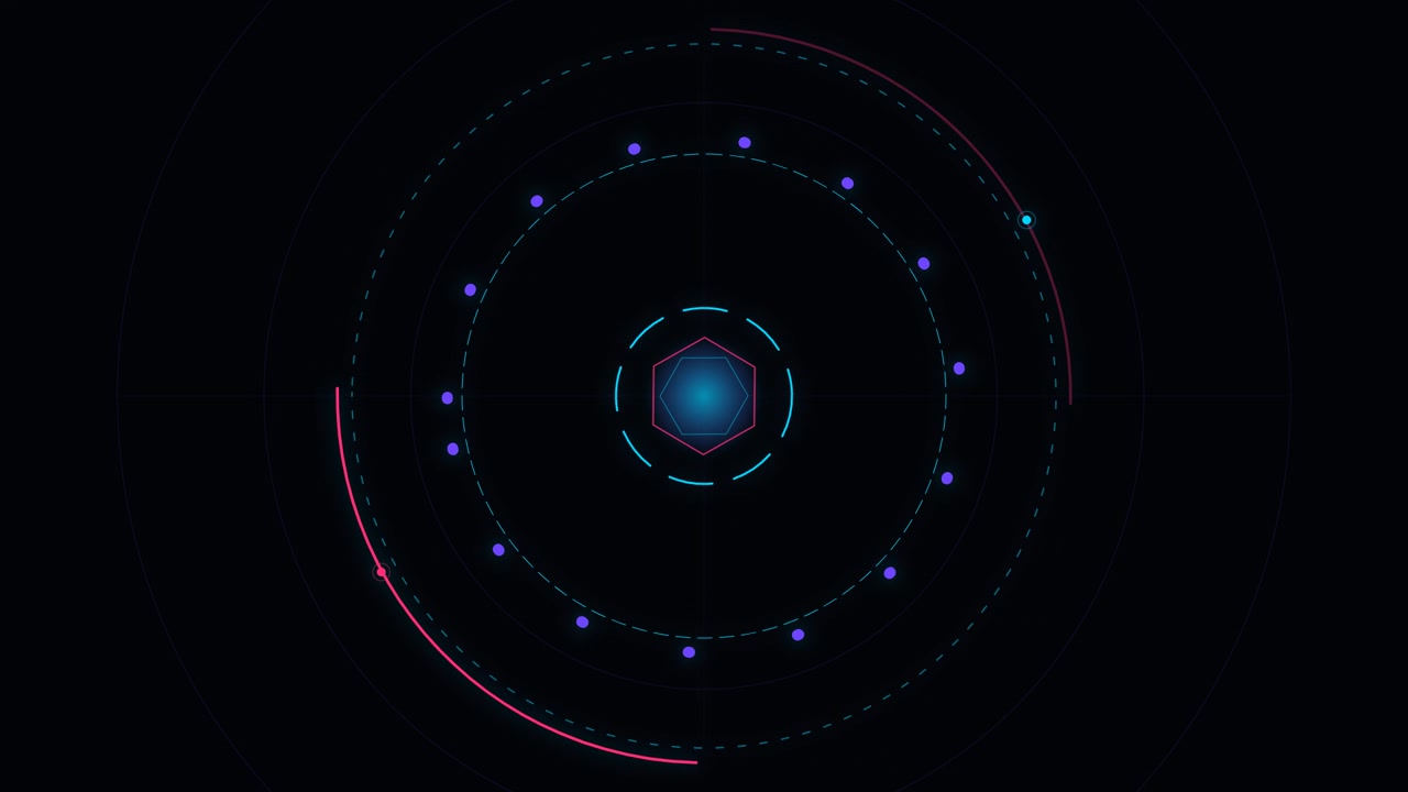 Futuristic Digital Hexagon Interface with Rotating Circular Data Elements