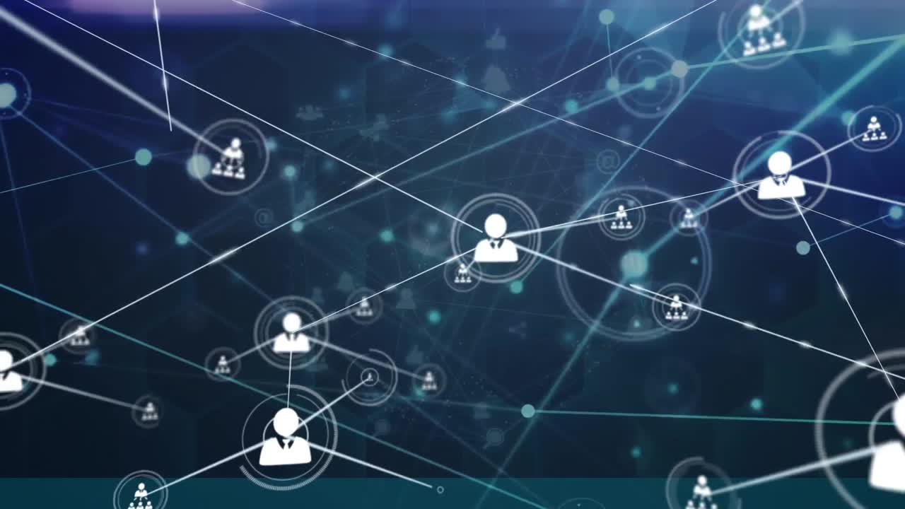 Animation of network of profile icons against light spot on blue background