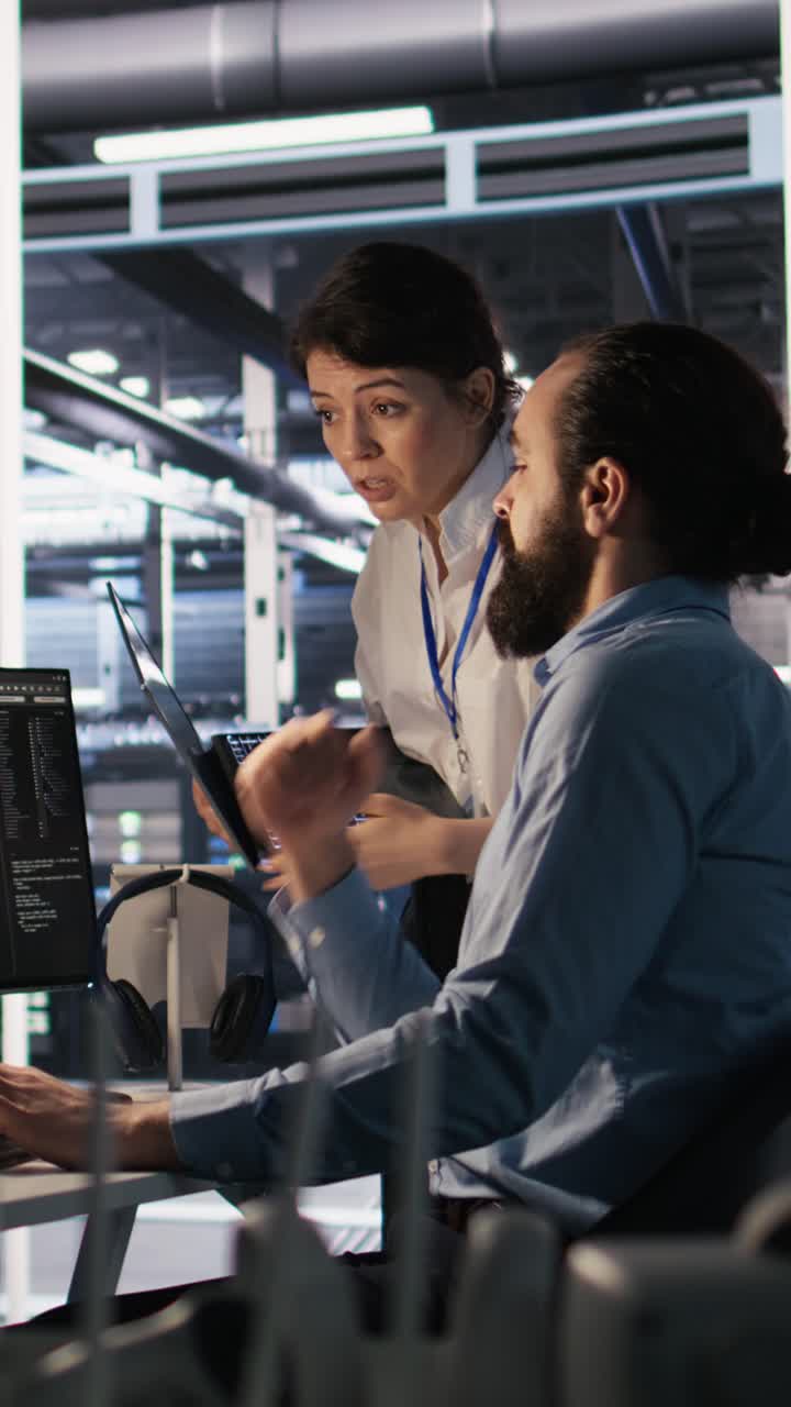 Vertical video Data center admins working together, collaborating on AI software development