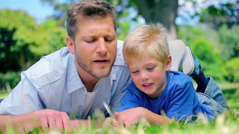 father and son looking at something in the grass as they lie together