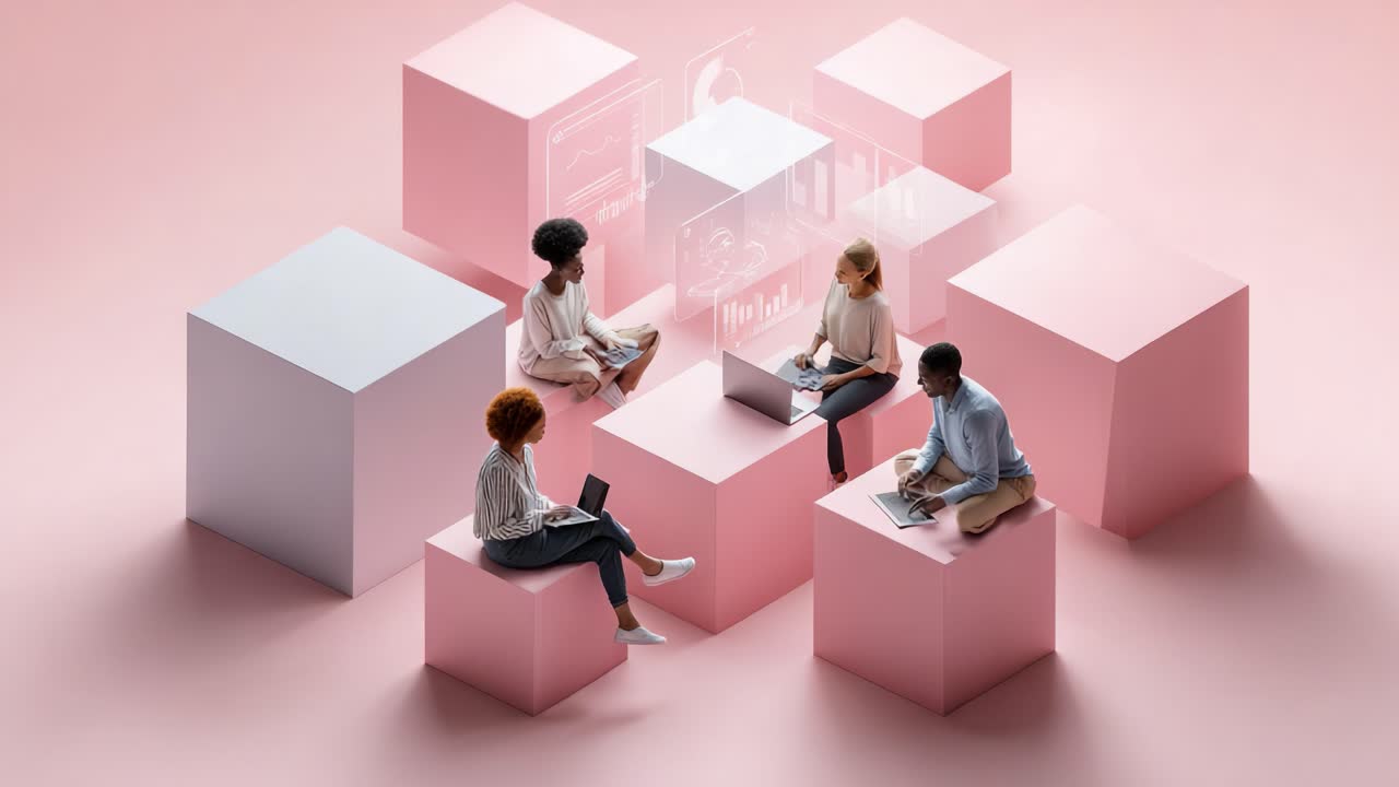 Group of Diverse Professionals Collaborating in a Modern Workspace, Utilizing Technology to Analyze Data and Share Insights in a Creative and Innovative Environment