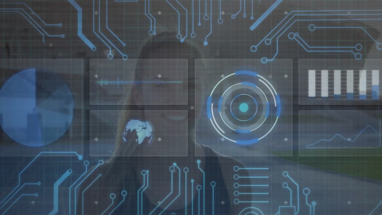 Woman standing on blue court, grid appearing then turning into HUD scanning athlete metrics