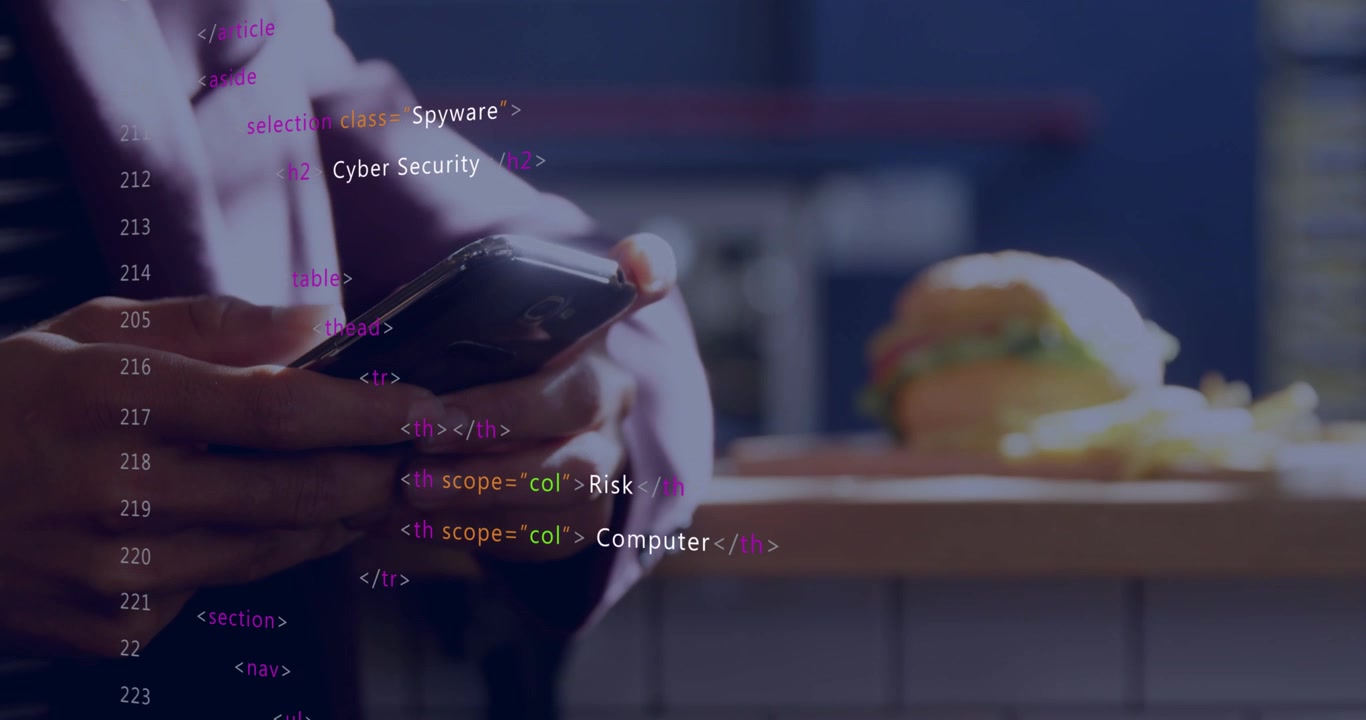 Person Using Smartphone with Animated Cybersecurity Code Overlay