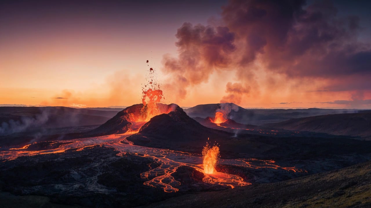 Magma strømmer frem fra den centrale kegle, og et andet udluftningshul sprøjter, flettede lavastrømme gløder i skumringen, aske stiger op