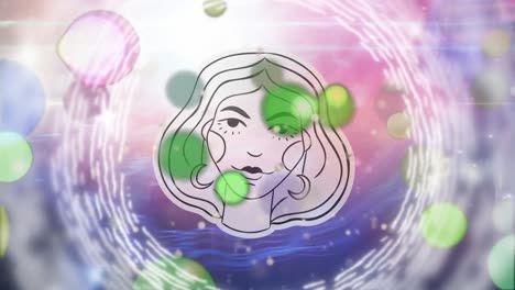 animación del signo de la estrella de virgo sobre círculos y puntos de luz sobre fondo púrpura