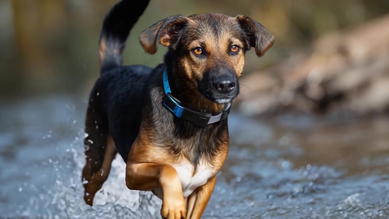 Un cane giocoso che sguazza nell'acqua, godendosi una giornata all'aperto nella natura, catturato in un bellissimo movimento e con un'espressione gioiosa sul muso.