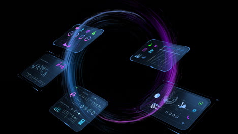 animation of financial data processing over cirlces on black background