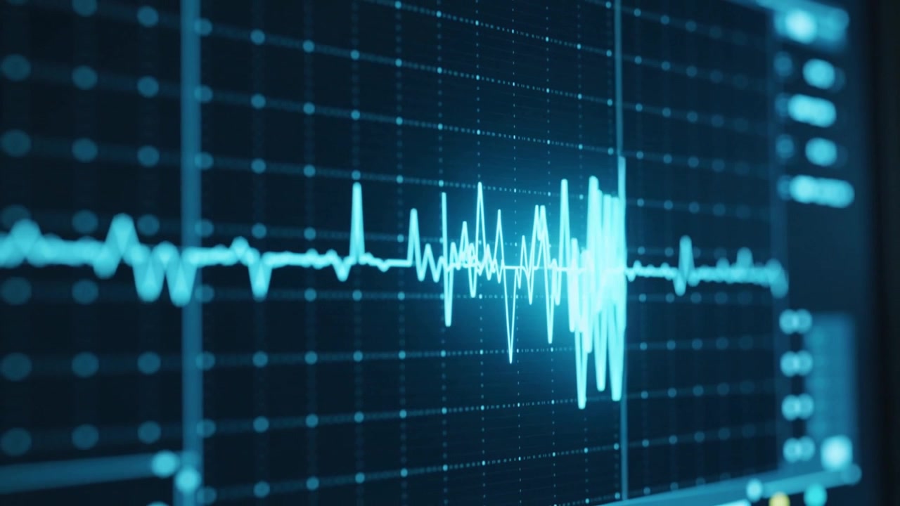 Showing cyan ECG trace peaking into burst while time marker aligning, indicating anomaly at monitor