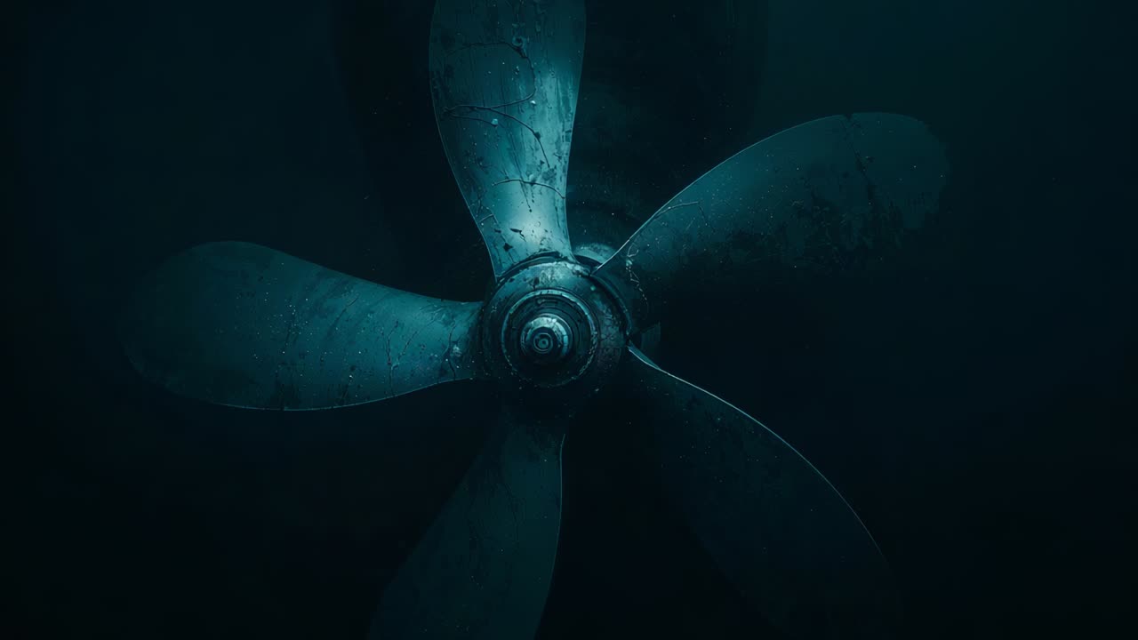 Rotating five blade prop after motor start, turning clockwise in hull, revealing hub nut corrosion