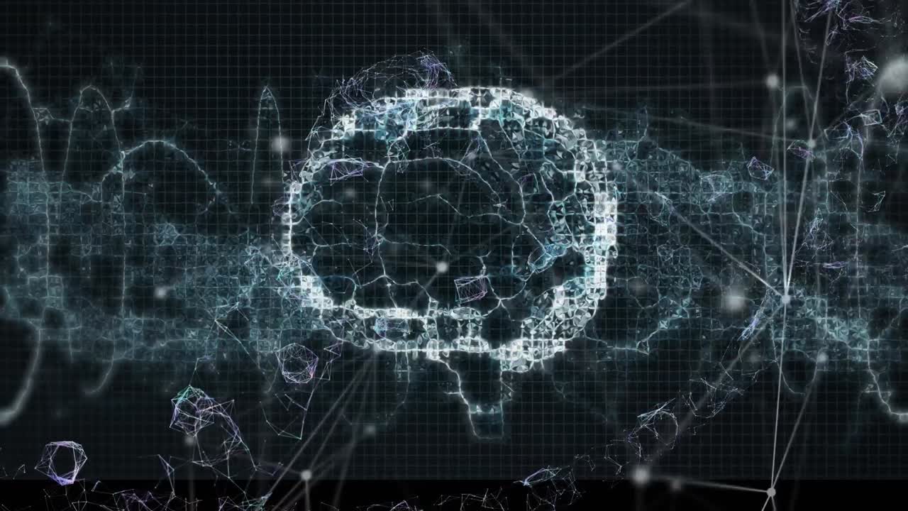 Animation of data processing and brain on black background