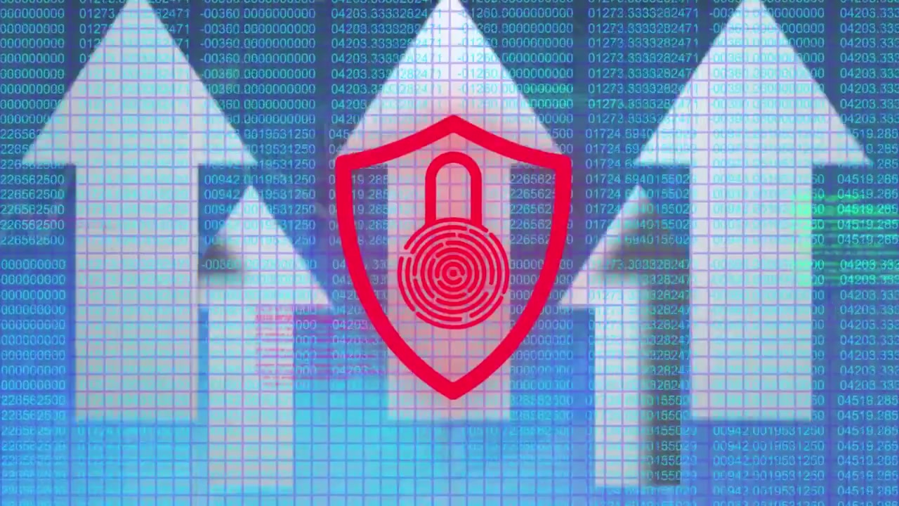 Animation of digital padlock, arrows and data processing