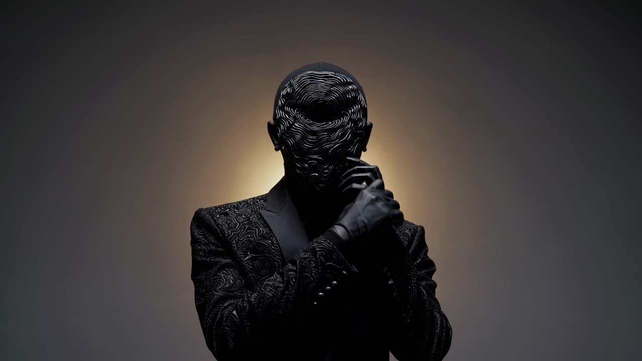 Man in a Black Suit with a Mask