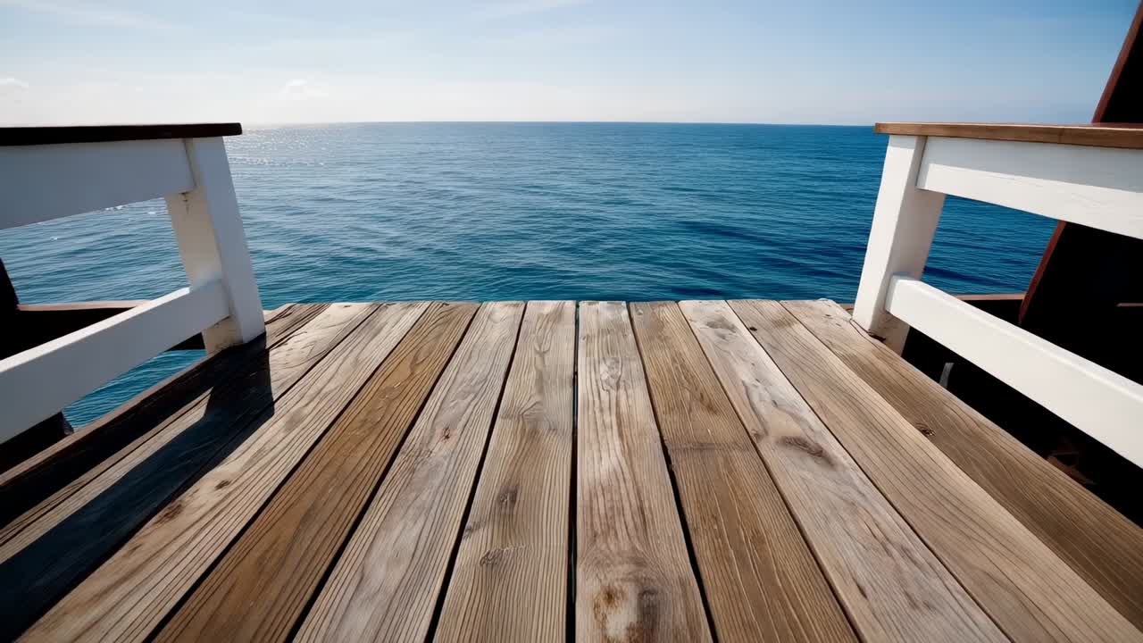 Die Kamera bewegt sich über einen Holzsteg, neigt sich zum Wasser und zeigt, wie ein Objekt aufschlägt, Spritzblasen und einen felsigen Meeresgrund verursacht.