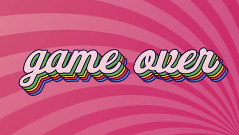 animación digital del juego sobre texto con efecto de sombra de arco iris contra un fondo radial rosa