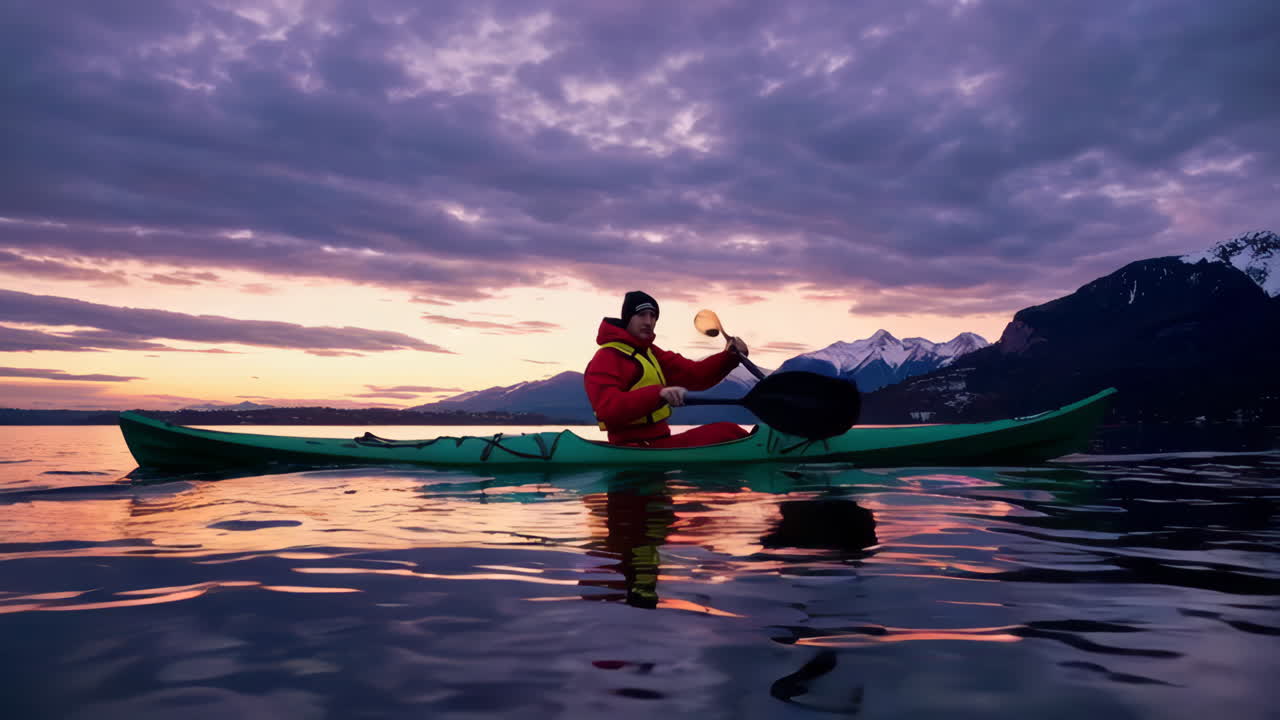 Persona in kayak su un lago al tramonto con montagne sullo sfondo.