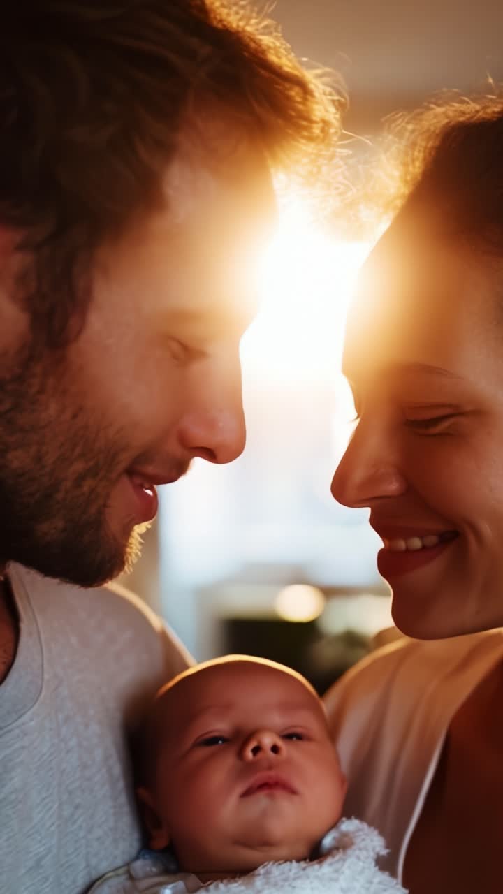 Un tenero momento tra due neogenitori e il loro bambino, che irradia amore e calore sotto una soffice luce solare, catturando l'essenza del legame familiare