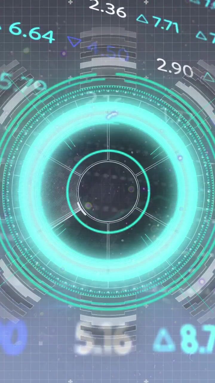 Animation of numbers, processing circle with glitch and financial data on digital screen