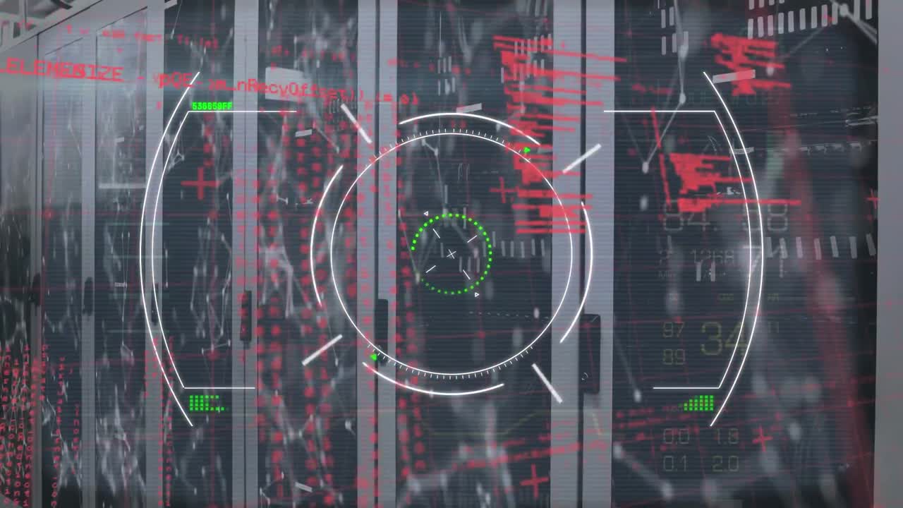 animación de la técnica de glitch, círculos, puntos conectados y lenguaje de computadora sobre la sala del servidor