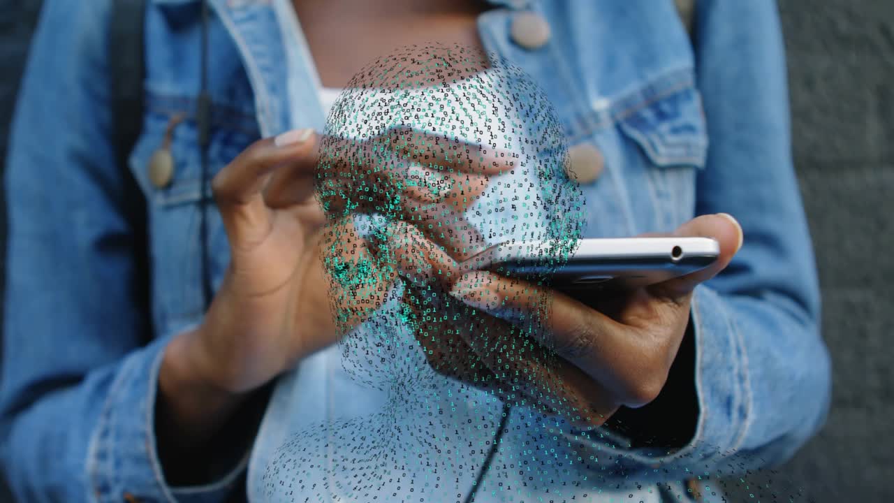 Woman tapping smartphone causing point cloud expansion into 3D mesh mapping hand, device tech scan