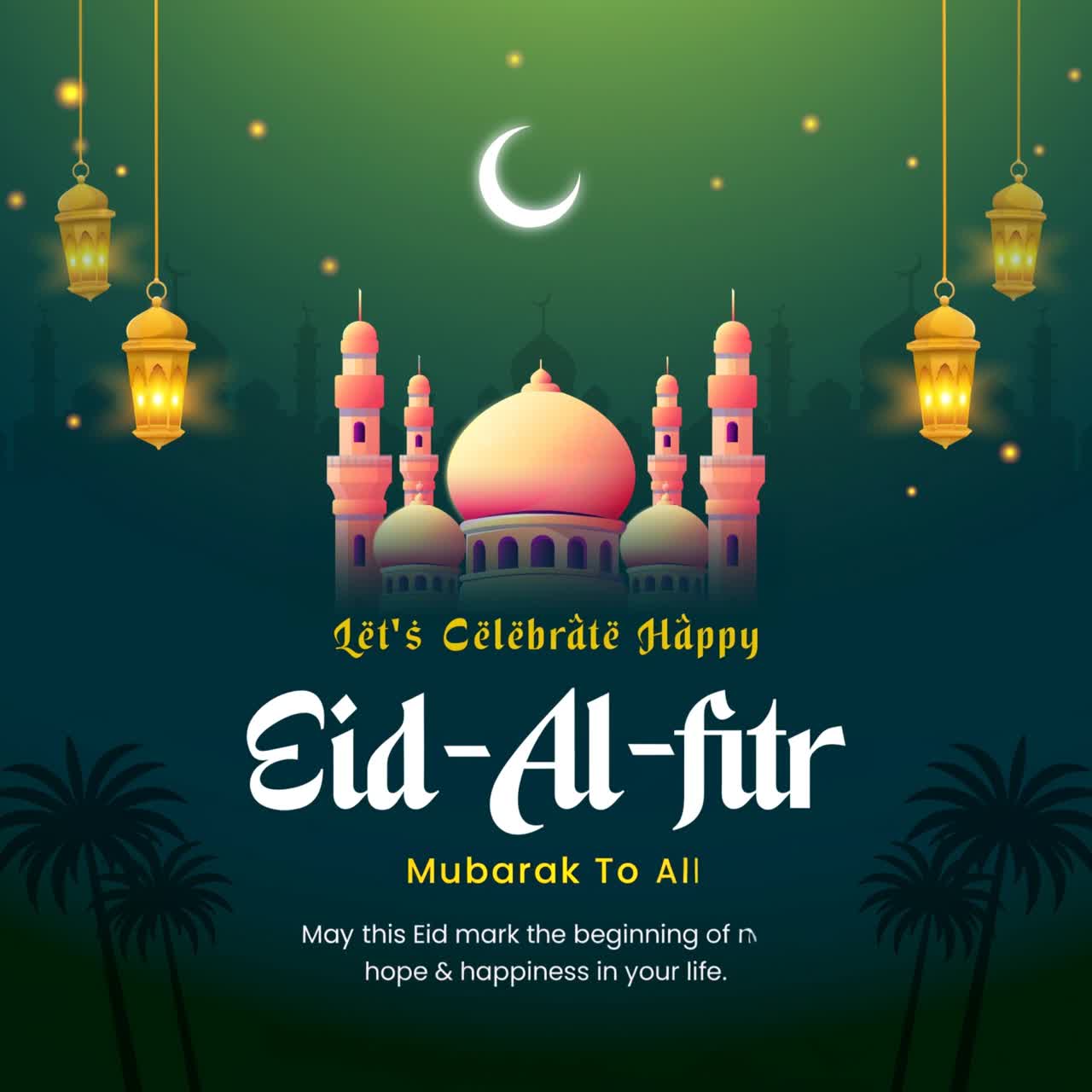 Animazione di auguri Eid al-Fitr con cupole di moschea, luna crescente, lanterne sospese e sfondo notturno sfumato verde.