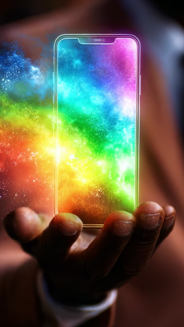 Hand Holding a Smartphone Displaying a Vibrant, Colorful Cosmic Spectrum of Light and Energy, Representing Digital Connectivity and Imagination