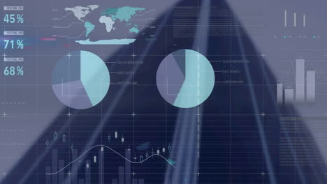 animación del procesamiento de datos estadísticos frente a una vista de ángulo bajo de un edificio alto