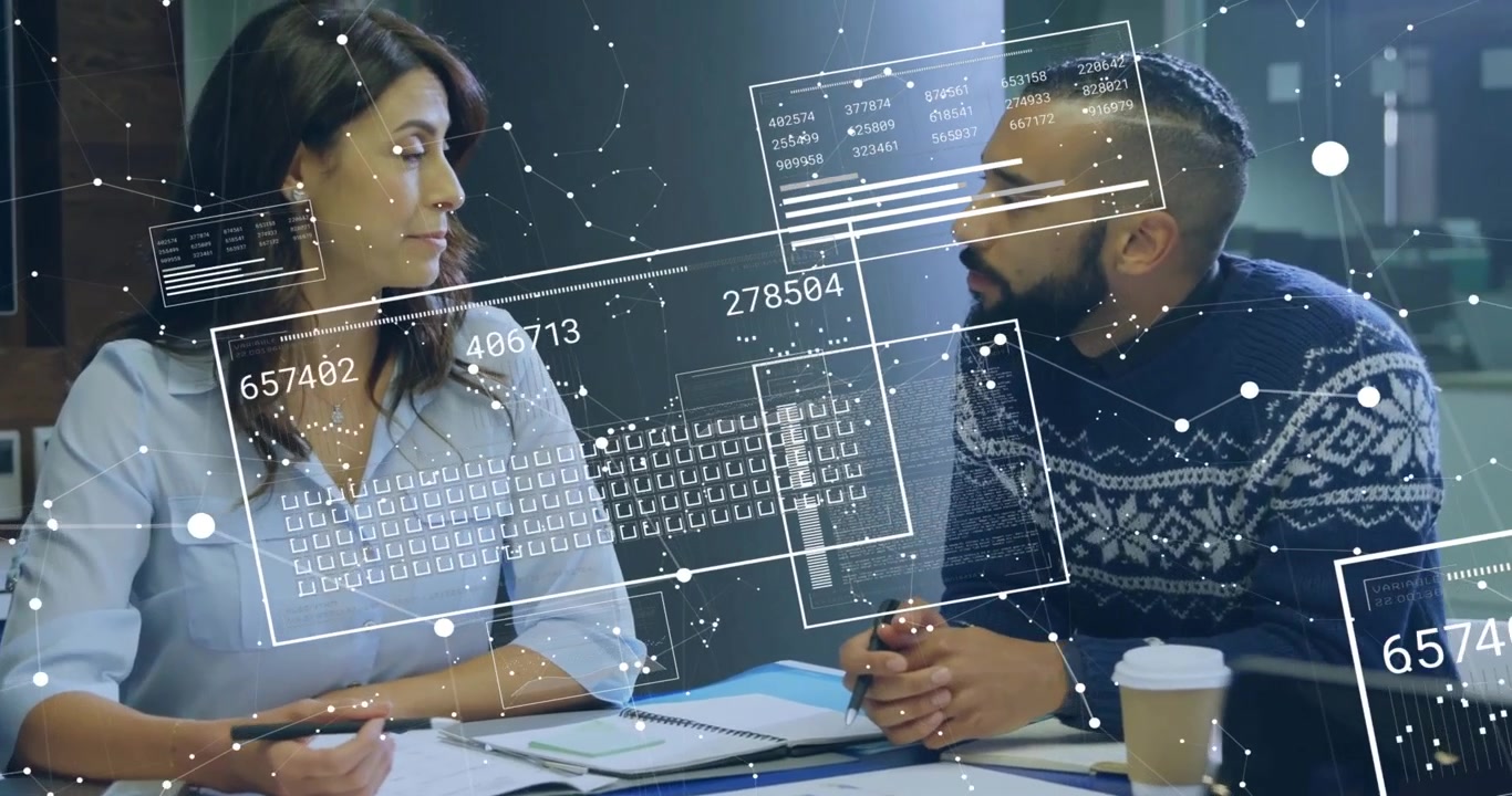 Animation of financial data processing over diverse business people in office