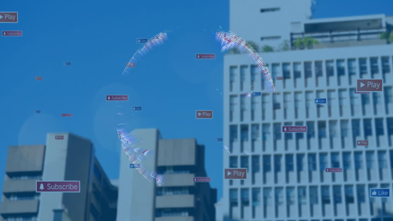 Animation interface with play and subscribe buttons over urban cityscape background