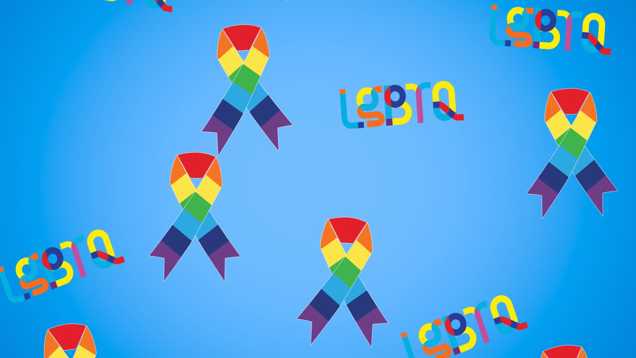 animación de texto lgbtq y cintas de arco iris sobre fondo azul