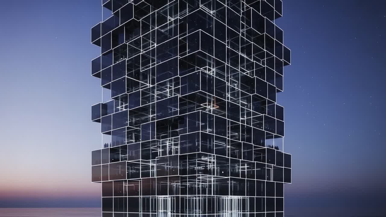 Futuristic Glass Tower at Dusk: A Stunning Architectural Marvel Showcasing Innovative Design and Modern Aesthetics Against a Twilight Sky