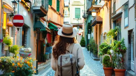 a woman walking down a narrow street with a hat on her head