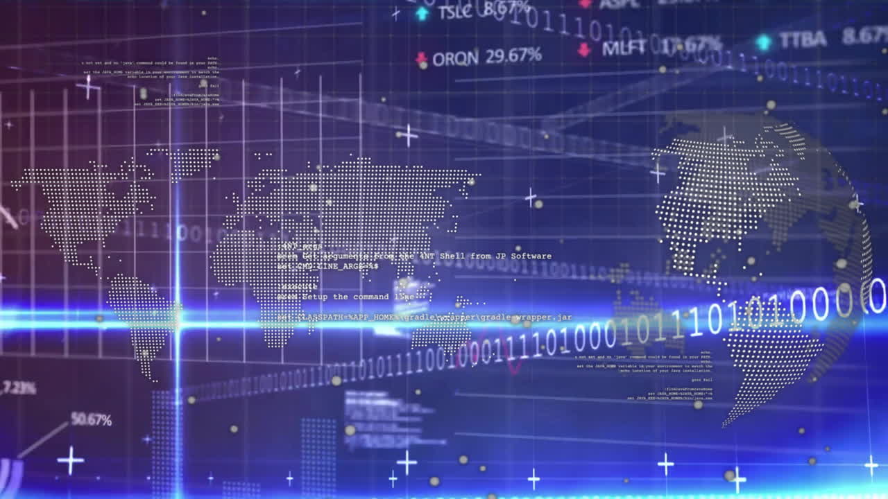 바이너리 코딩 및 세계 지도에 대한 금융 데이터 처리의 애니메이션