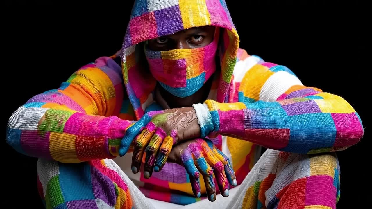 A man in a colorful hoodie sitting on a chair with his hands painted in bright colors