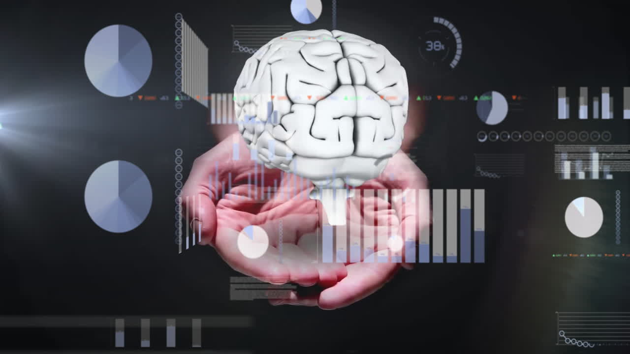 Hands holding brain model over digital data and graphs animation