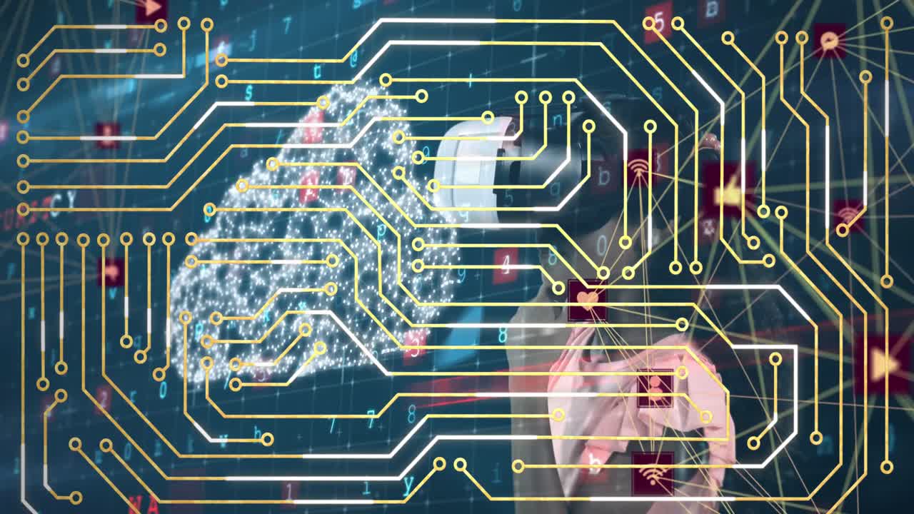 анимация интегральной схемы и цифровых облаков над двуродной девушкой в vr-гарнитуре