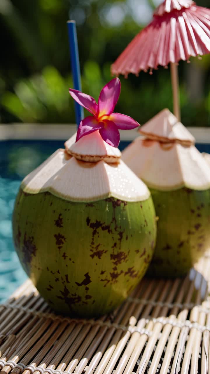 Close-up of tropical coconuts with flowers and straws by a poolside, shot at a low angle, perfect