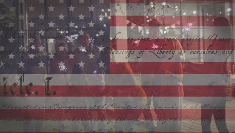animation of american flag over people having party
