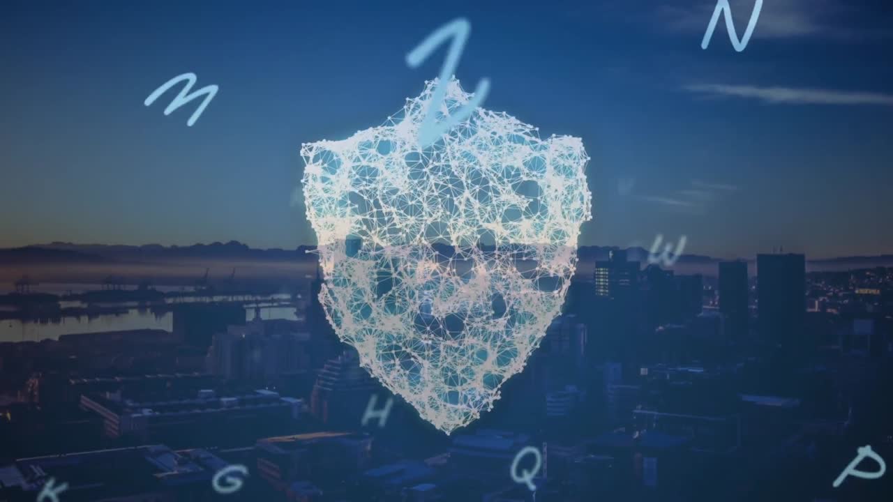 Animation of falling numbers and security shield over cityscape