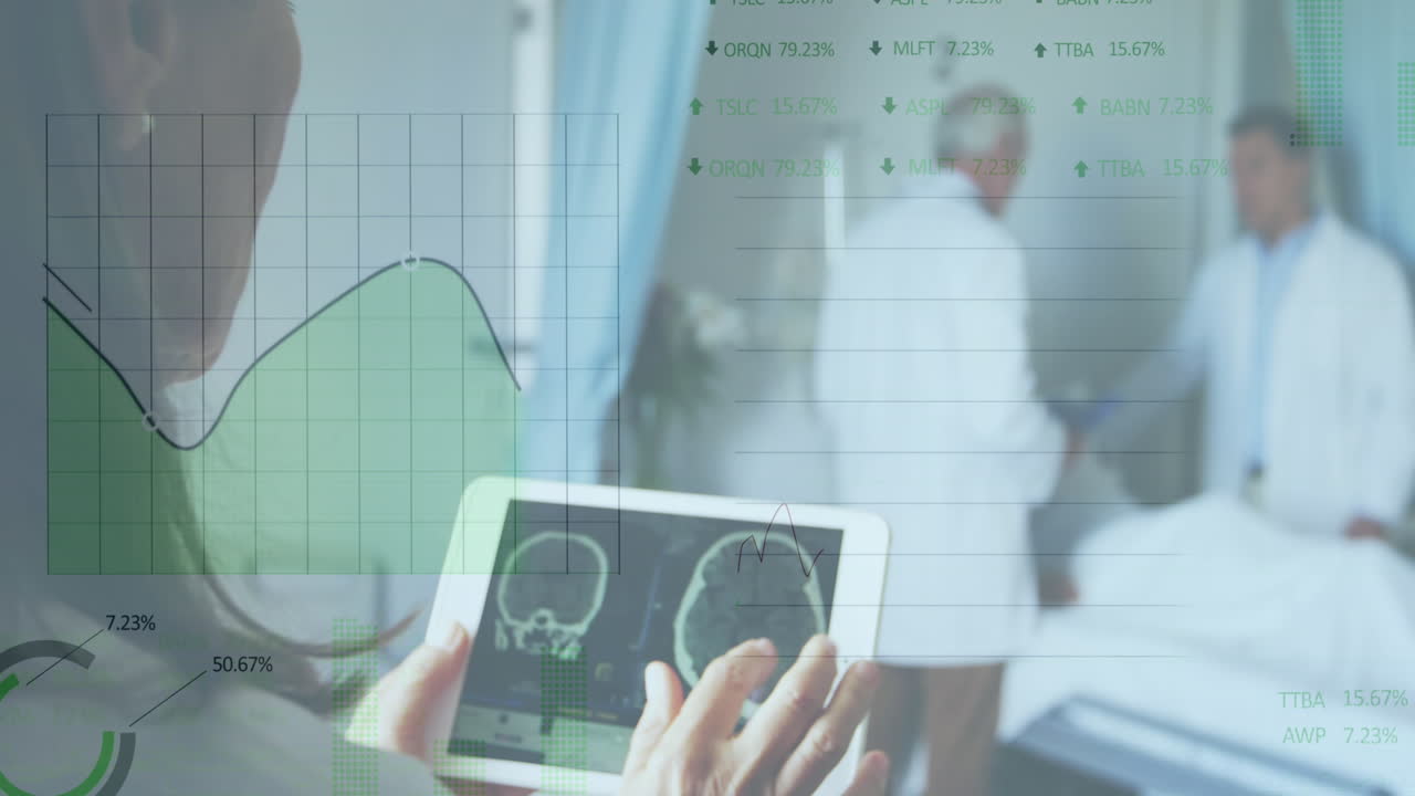 animación del procesamiento de datos del mercado de valores sobre la vista trasera de una doctora usando una tableta digital