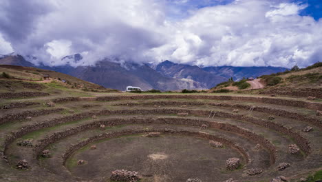 south america inca peru terrace farming in the andes timelapse of the mountains with lots of clouds walls on hillsides to farm corn and other vegetables