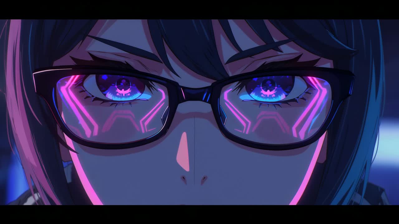 Female character analyzing data in command center, pulsing neon lines flickering in her glasses