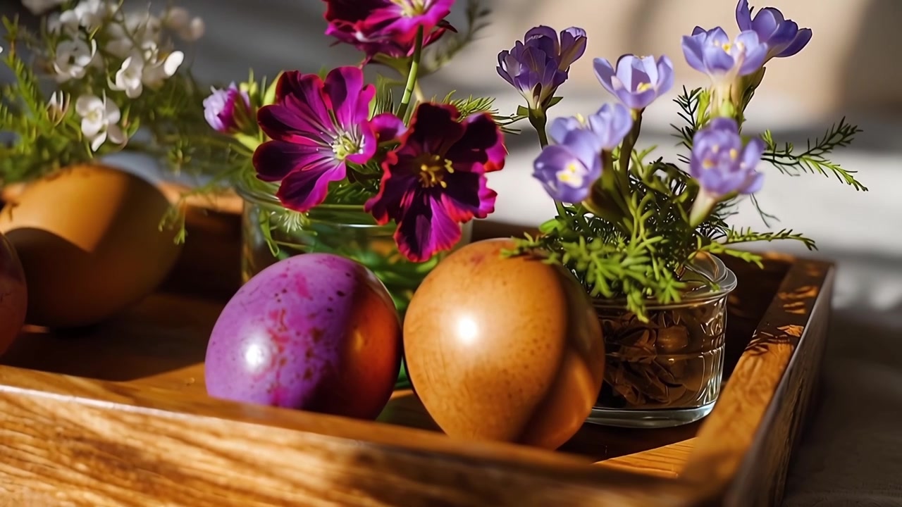 Close-up of Colorful Easter Eggs and Spring Flowers on a Wooden Tray