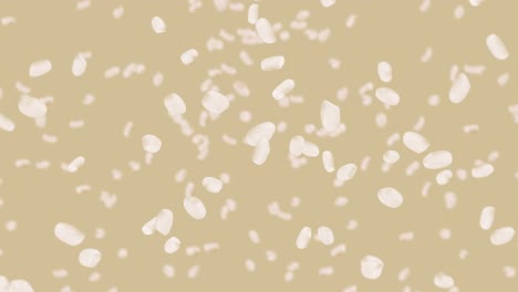 volando mucho arroz en fondo marrón. granos de arroz blanco. arroz glutinoso. vegetariano. comida saludable. animación de bucle 3d de arroz girando.